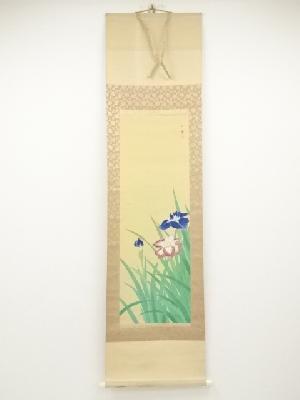 長田紅霞筆　菖蒲　肉筆絹本掛軸（共箱）